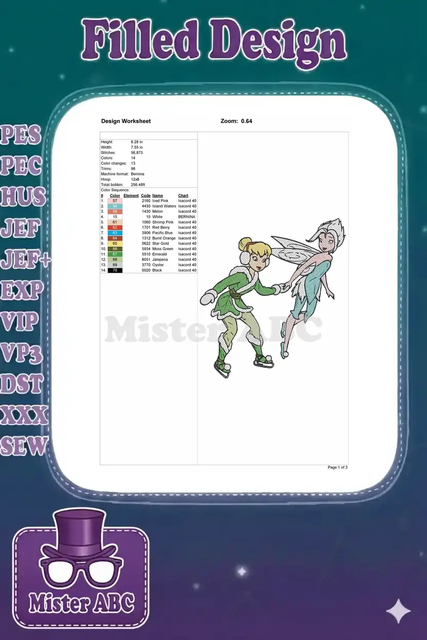 Embroidery design worksheet for Tinker Bell and Periwinkle, showing stitch count, colors, and dimensions.
