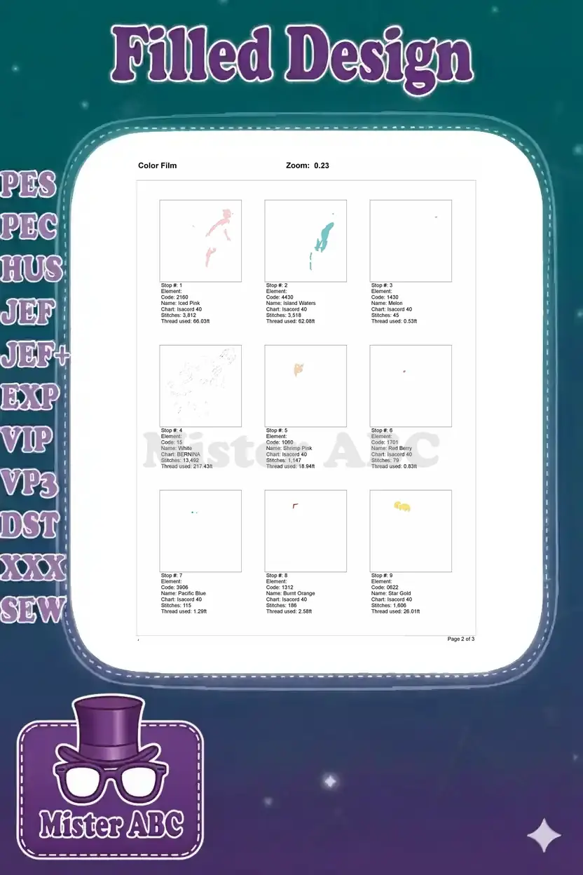 Color film page showing individual stitch stop details for the first nine colors of the fairy embroidery design.