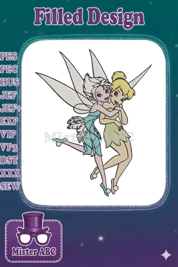 Two animated fairies, Tinker Bell and a fairy Elsa, embracing in a charming, colorful embroidery design.