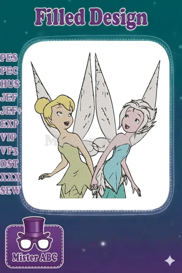 Full view of Tinker Bell and Periwinkle embroidery design, featuring vibrant colors and detailed stitch work.