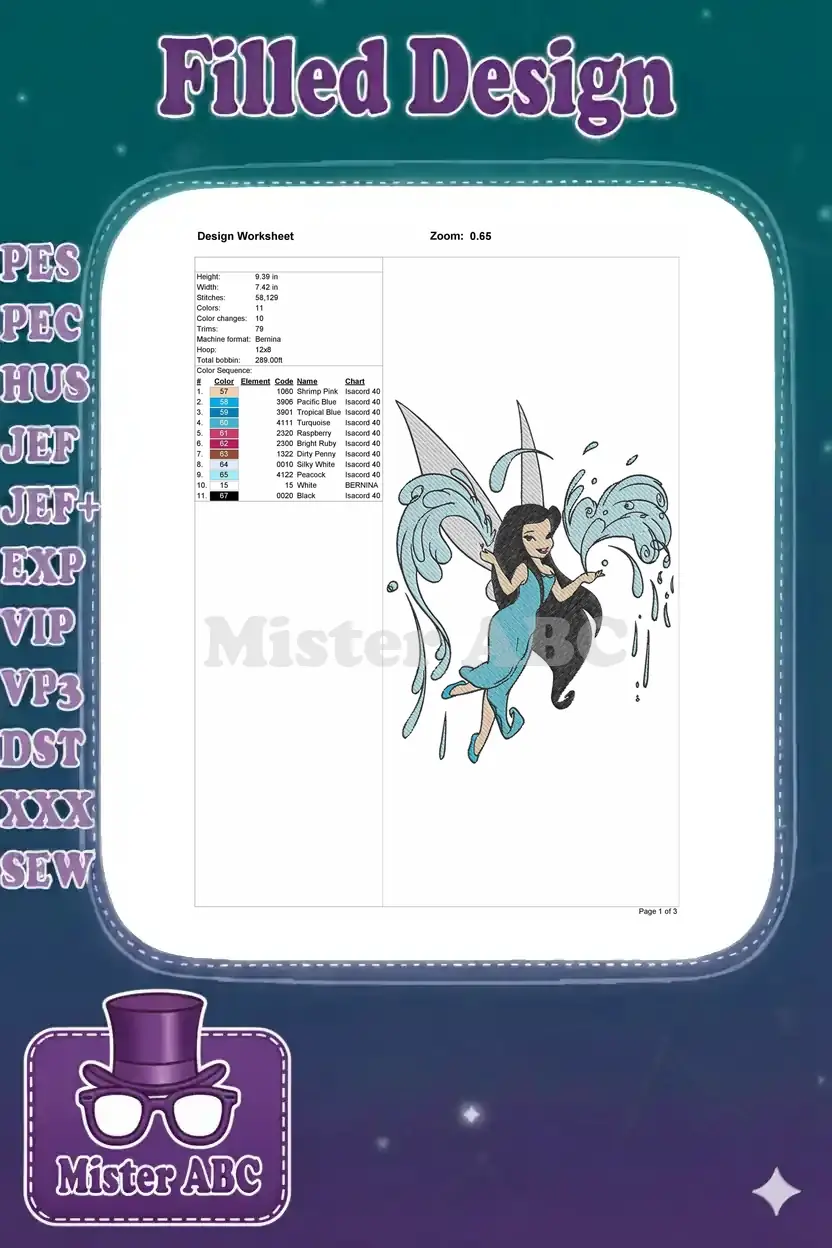 A detailed embroidery design worksheet showing dimensions, stitch count, color sequence, and machine format for the fairy.