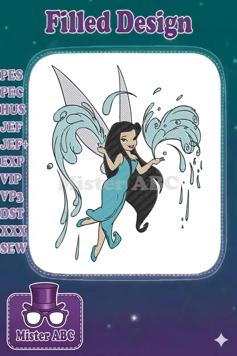 A vibrant embroidery design featuring a dark-haired water fairy in a blue dress, surrounded by splashing water.