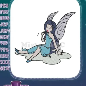 A beautiful fairy embroidery design with blue hair and dress, sitting gracefully, featuring delicate wings.