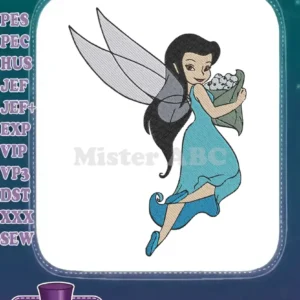 A charming embroidery design of a dark-haired fairy in a flowing blue dress, holding a bag of berries, with delicate wings.