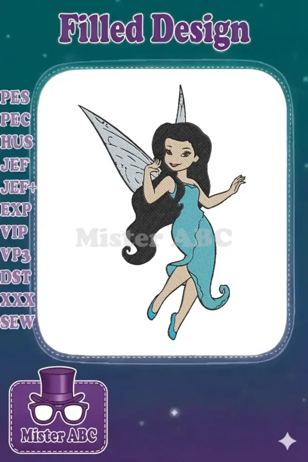 A delightful fairy with flowing dark hair, light blue dress, and shimmering wings, ready for embroidery application.