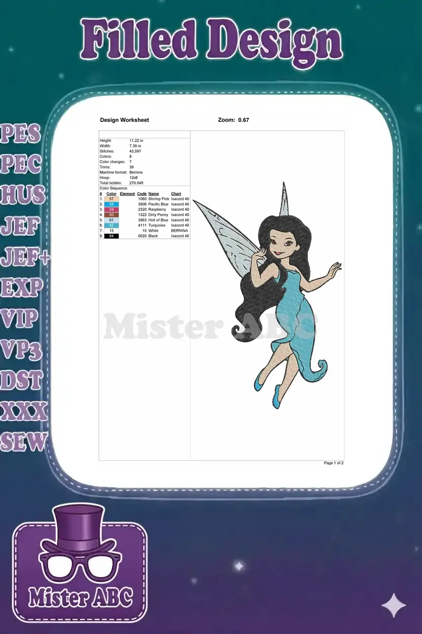 A comprehensive embroidery design worksheet detailing dimensions, stitch count, color sequence, and machine specifications.
