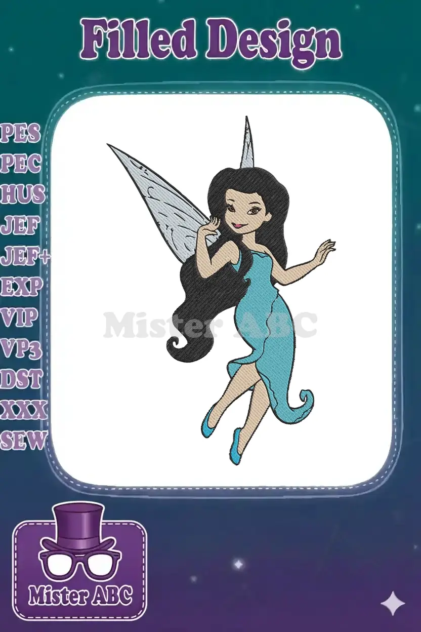 A delightful fairy with flowing dark hair, light blue dress, and shimmering wings, ready for embroidery application.