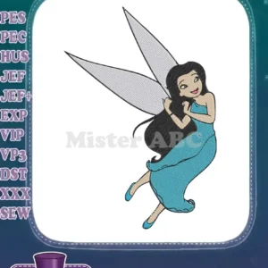A vibrant embroidery design featuring Princess Jasmine as a graceful fairy with teal dress and shimmering wings.