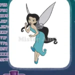 Elegant Dark-Haired Fairy in Blue Dress Embroidery Designs - Instant Download