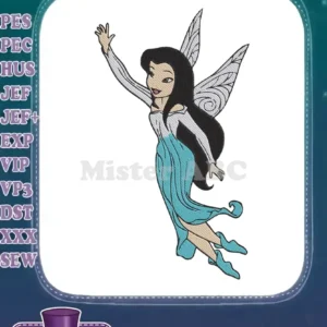 Graceful flying fairy embroidery design featuring dark hair, a flowing blue dress, and delicate wings.