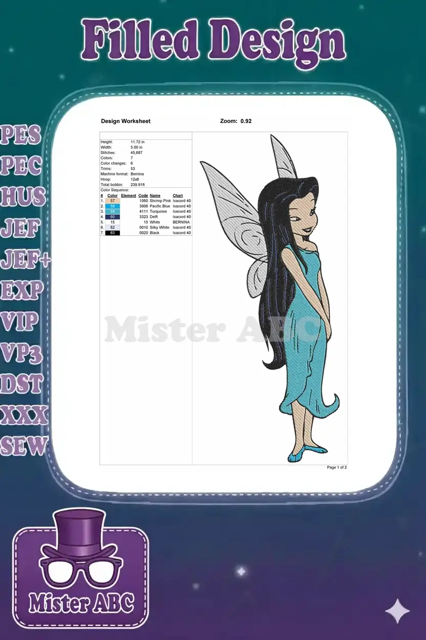 Embroidery design worksheet displaying the fairy, detailed dimensions, stitch count, and color chart.
