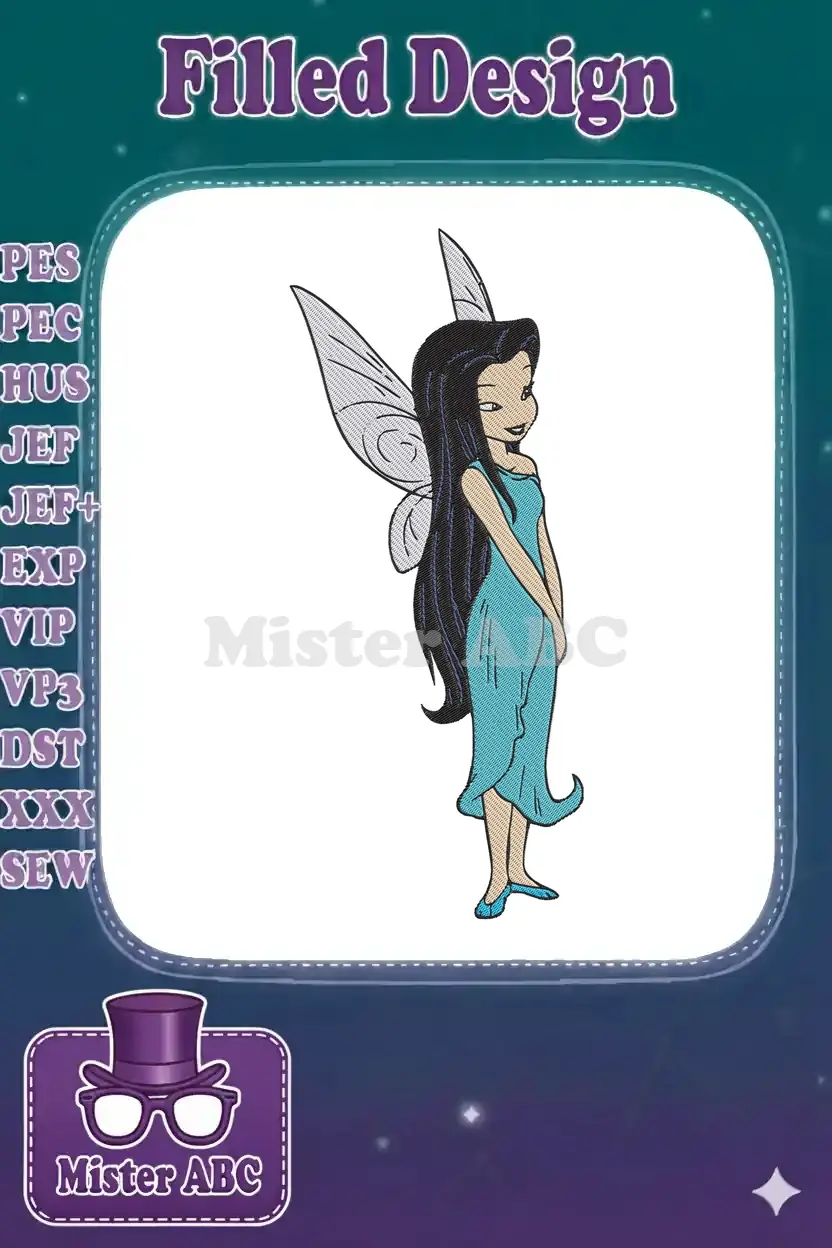Beautiful embroidery design of a dark-haired fairy in a turquoise dress with delicate wings, looking over her shoulder.