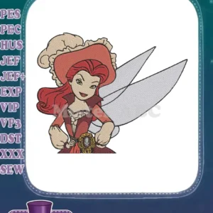 Close-up of a vibrant embroidery design featuring Zarina, the red-haired pirate fairy, with intricate details and shimmering wings.