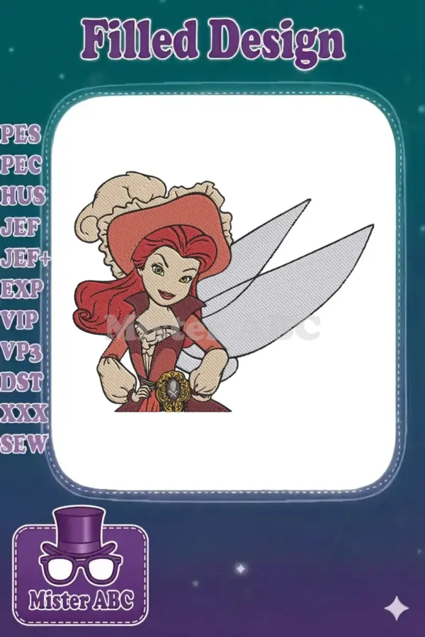Close-up of a vibrant embroidery design featuring Zarina, the red-haired pirate fairy, with intricate details and shimmering wings.