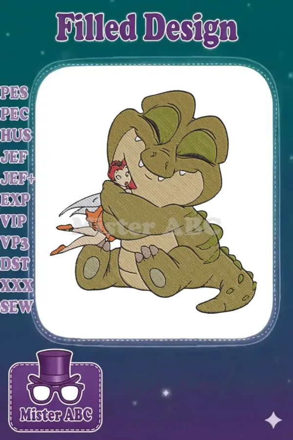 A heartwarming embroidery design featuring a cute, green baby alligator gently embracing a tiny, red-haired fairy.