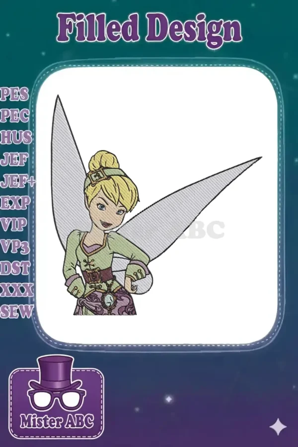 Vibrant embroidery design featuring an adventurous Tinker Bell with her iconic wings, ready for magical adventures.