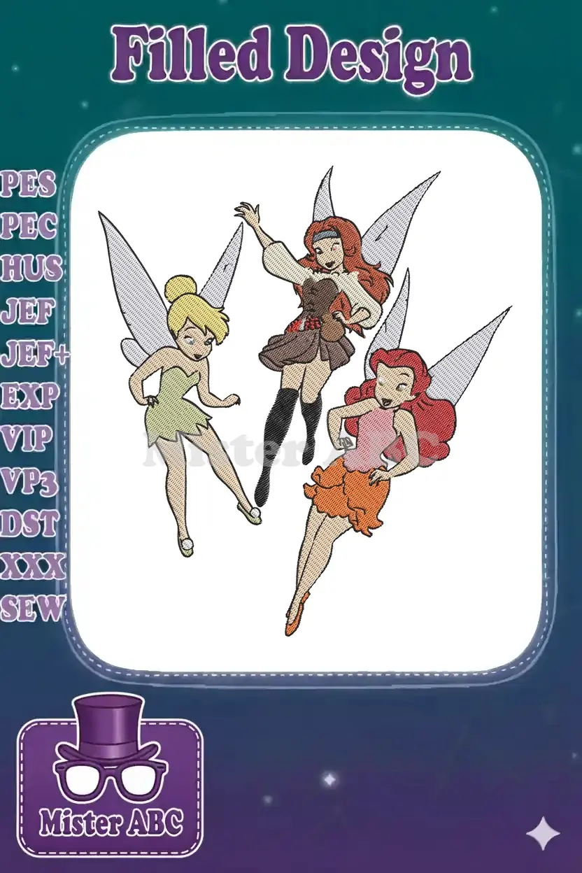 Three cheerful, flying fairies, including Tinker Bell, with detailed wings and vibrant outfits, ready for embroidery.