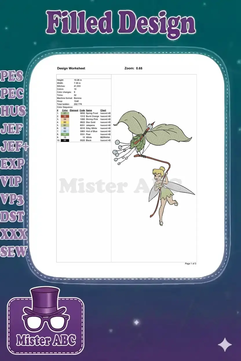Detailed embroidery design worksheet showing Tinkerbell, with stitch count, size, colors, and thread chart.