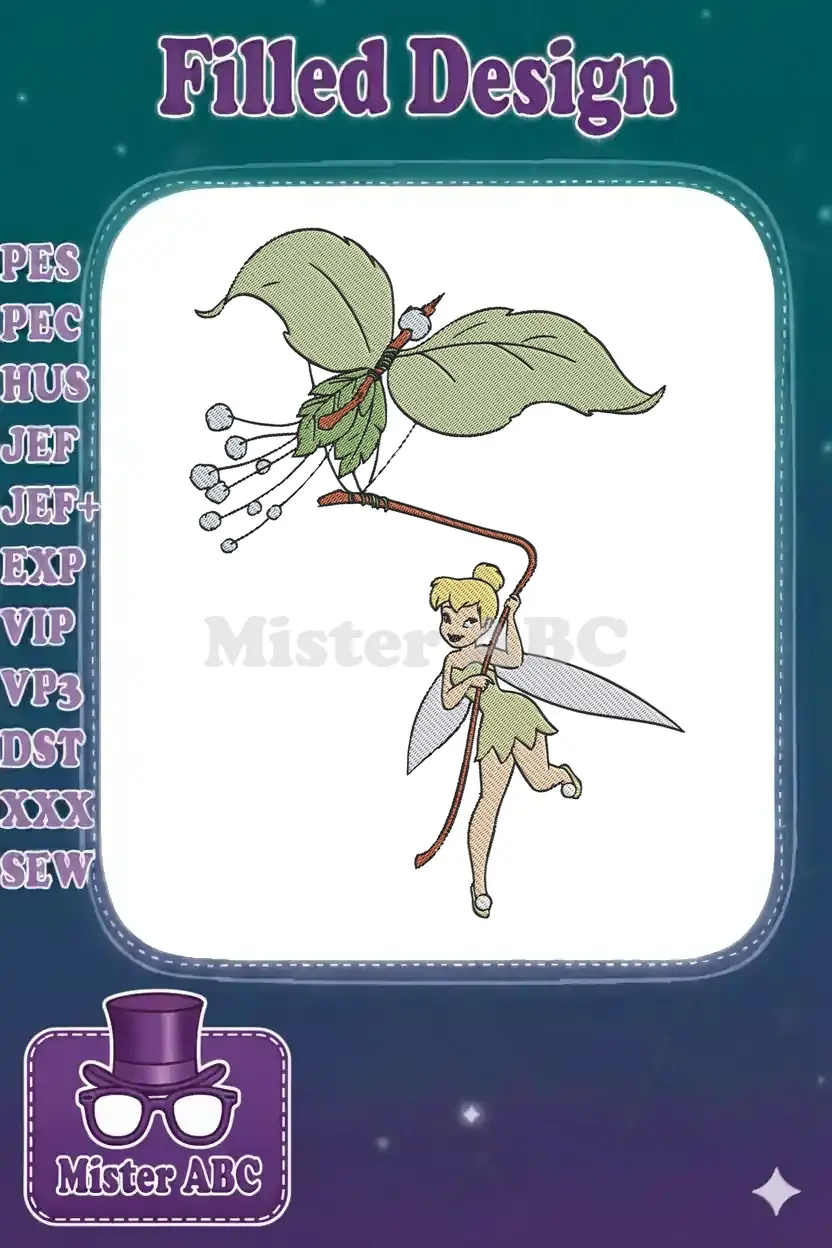 Vibrant embroidery of Tinkerbell, the charming fairy, holding onto a leafy green plant with delicate blue berries.