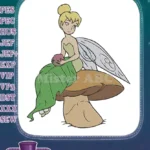 Cute Tinkerbell Fairy Sitting on Mushroom Leaf Dress Embroidery Designs - Instant Download
