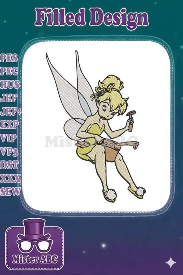 Tinker Bell fairy embroidery design, sitting and focused on a gadget with a small hammer, showcasing detailed stitching.