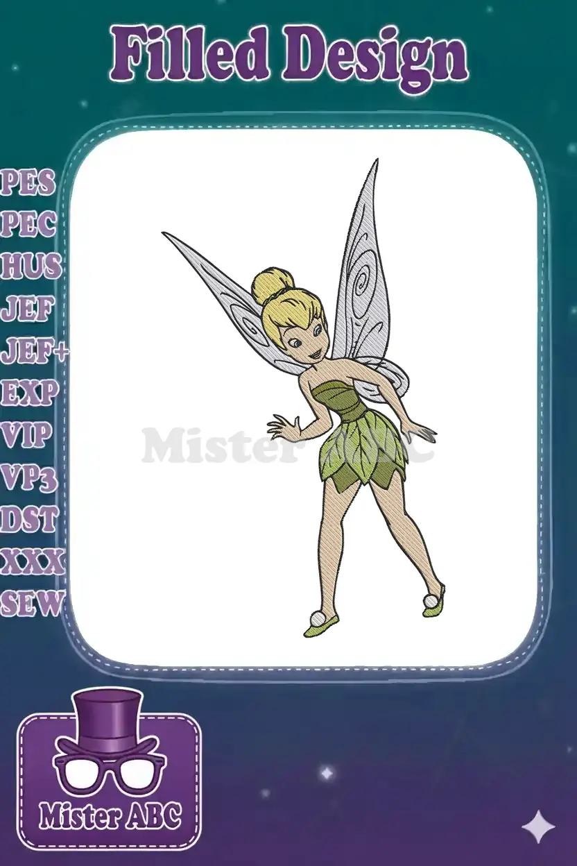 Vibrant embroidery design of Tinkerbell, the iconic fairy from Peter Pan, with intricate details and a lively pose.
