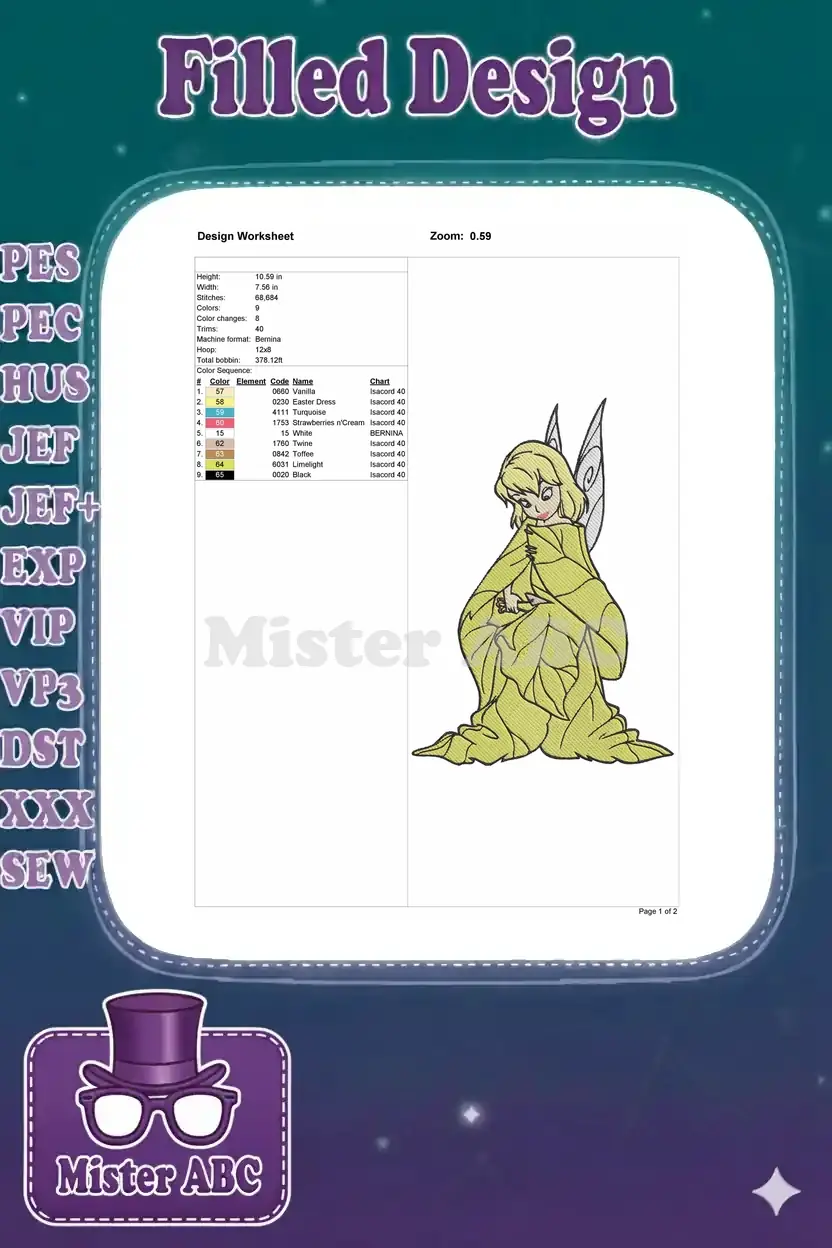 A design worksheet providing technical specifications for the fairy embroidery, including dimensions and color chart.