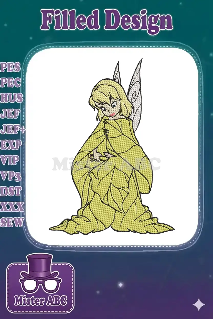 A beautiful embroidery design of a blonde fairy in a leaf dress with delicate wings, looking down thoughtfully.