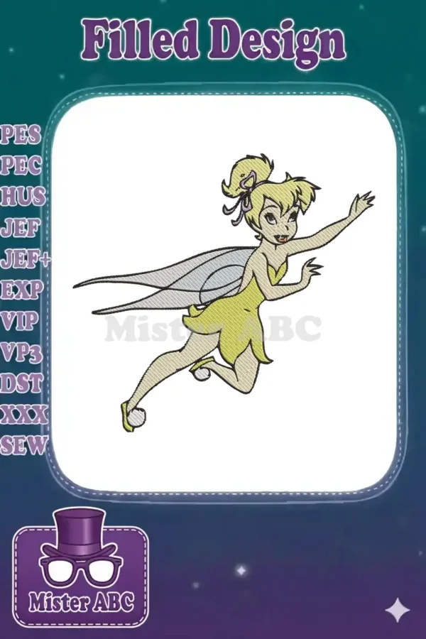A vibrant embroidery design featuring Tinkerbell from Peter Pan, gracefully flying with her signature pixie dust wings.