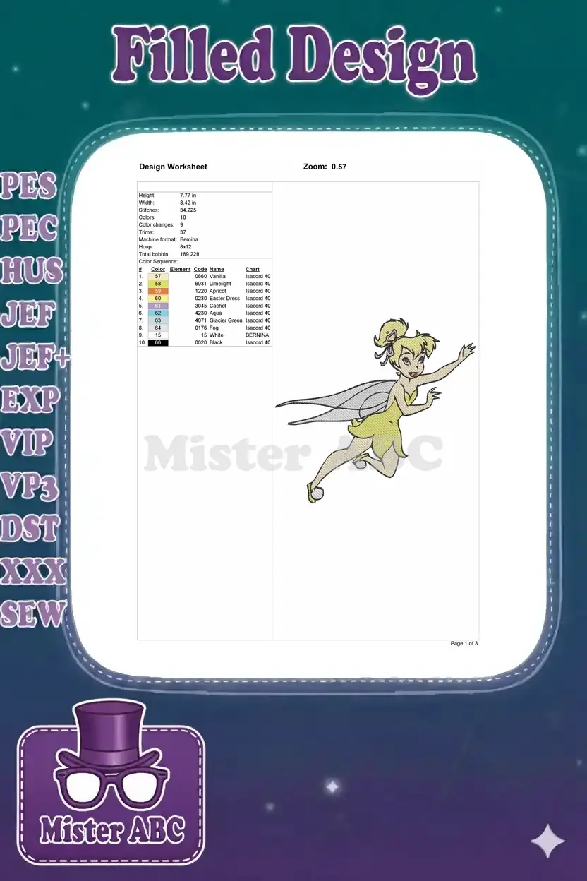A detailed embroidery design worksheet showing dimensions, stitch count, color sequence, and machine format for Tinkerbell.