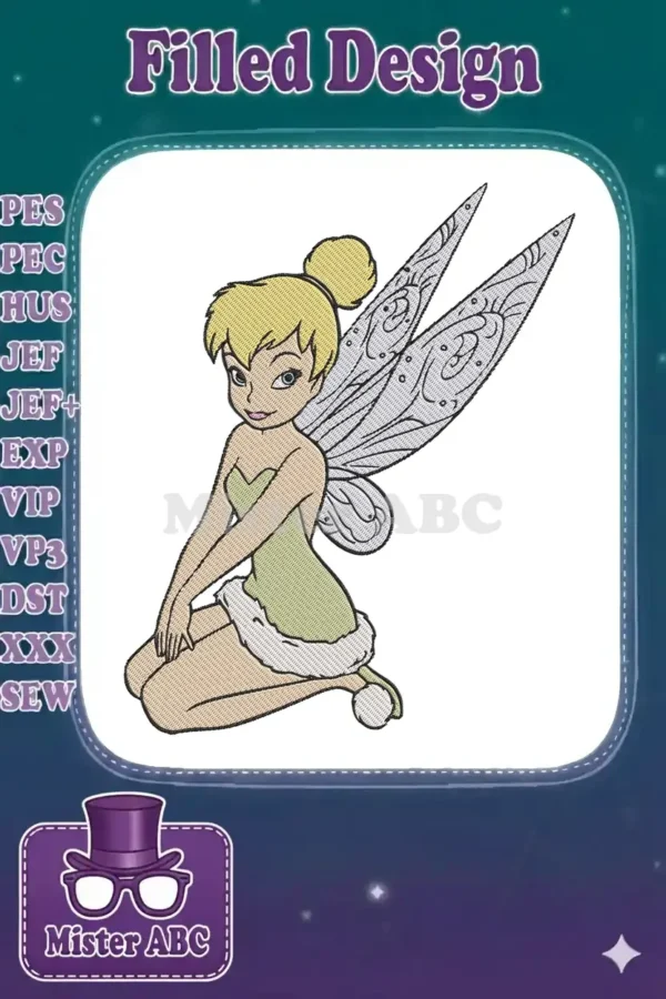 A vibrant embroidery design featuring Tinker Bell from Peter Pan, kneeling with her arms resting on her knees.