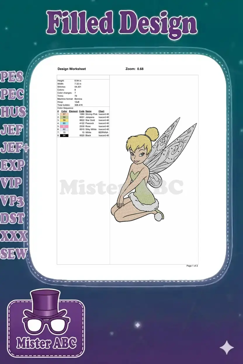 A design worksheet displaying the Tinker Bell embroidery design's dimensions, stitch count, and color chart.