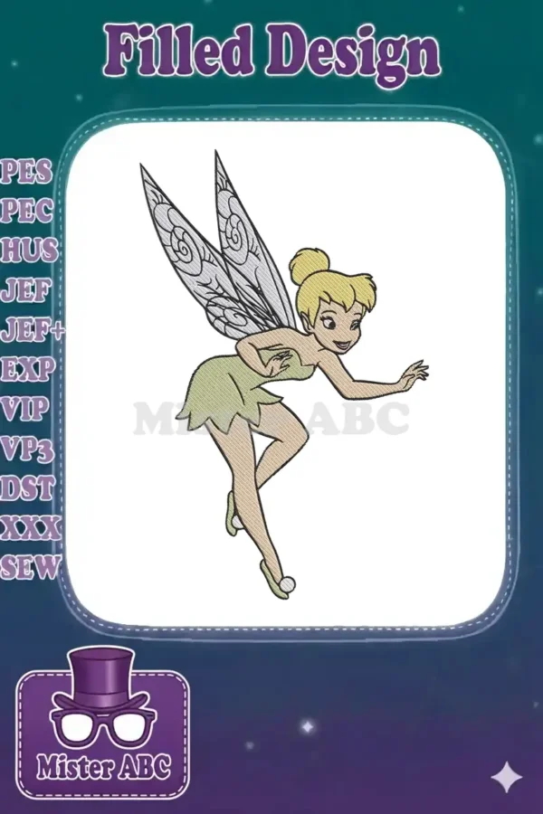 Full-color embroidered Tinkerbell design, captured mid-flight with delicate wings and iconic green dress.