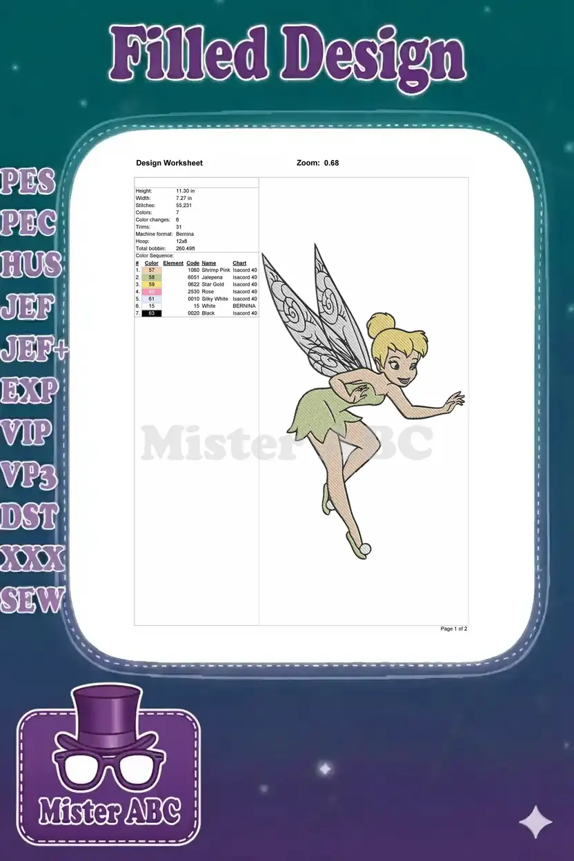 Detailed design worksheet for the Tinkerbell embroidery, showing dimensions, stitch count, and color sequence.