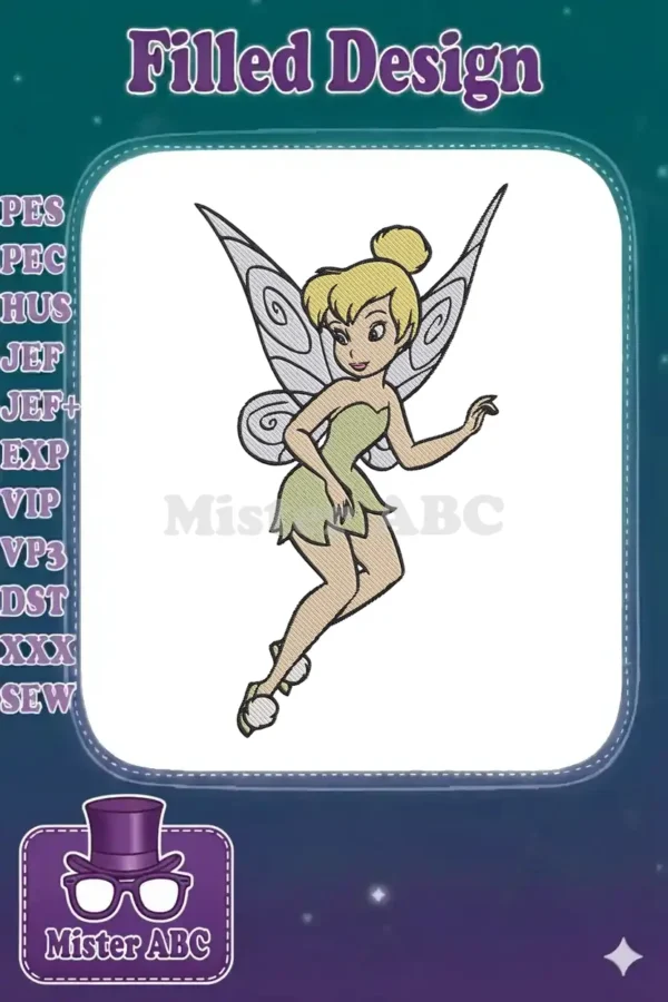 Detailed embroidery of Tinkerbell, the iconic fairy, in a flying pose with shimmering wings and a green dress. Perfect for magical projects.