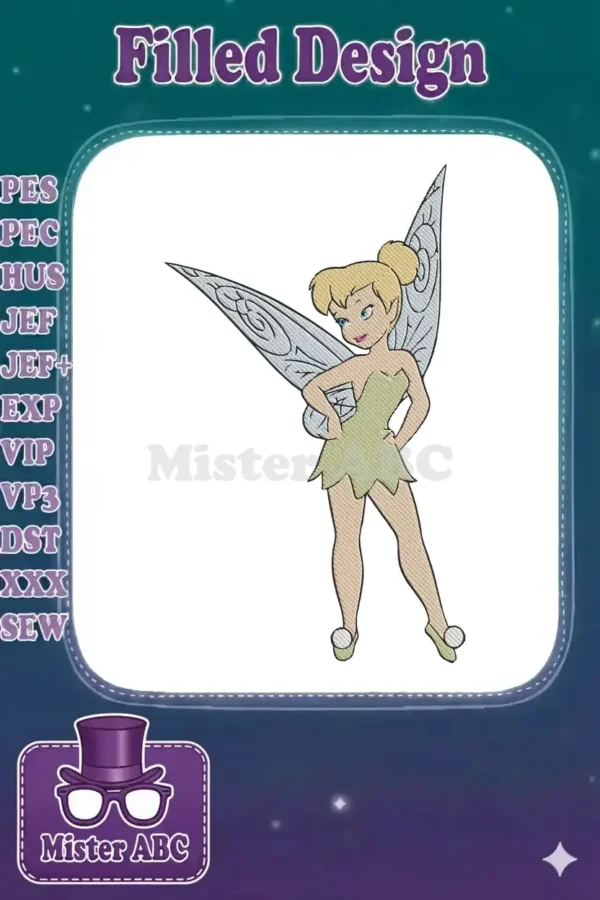 Vibrant embroidery design of Tinkerbell, hands on hips, with detailed wings and a classic green dress.