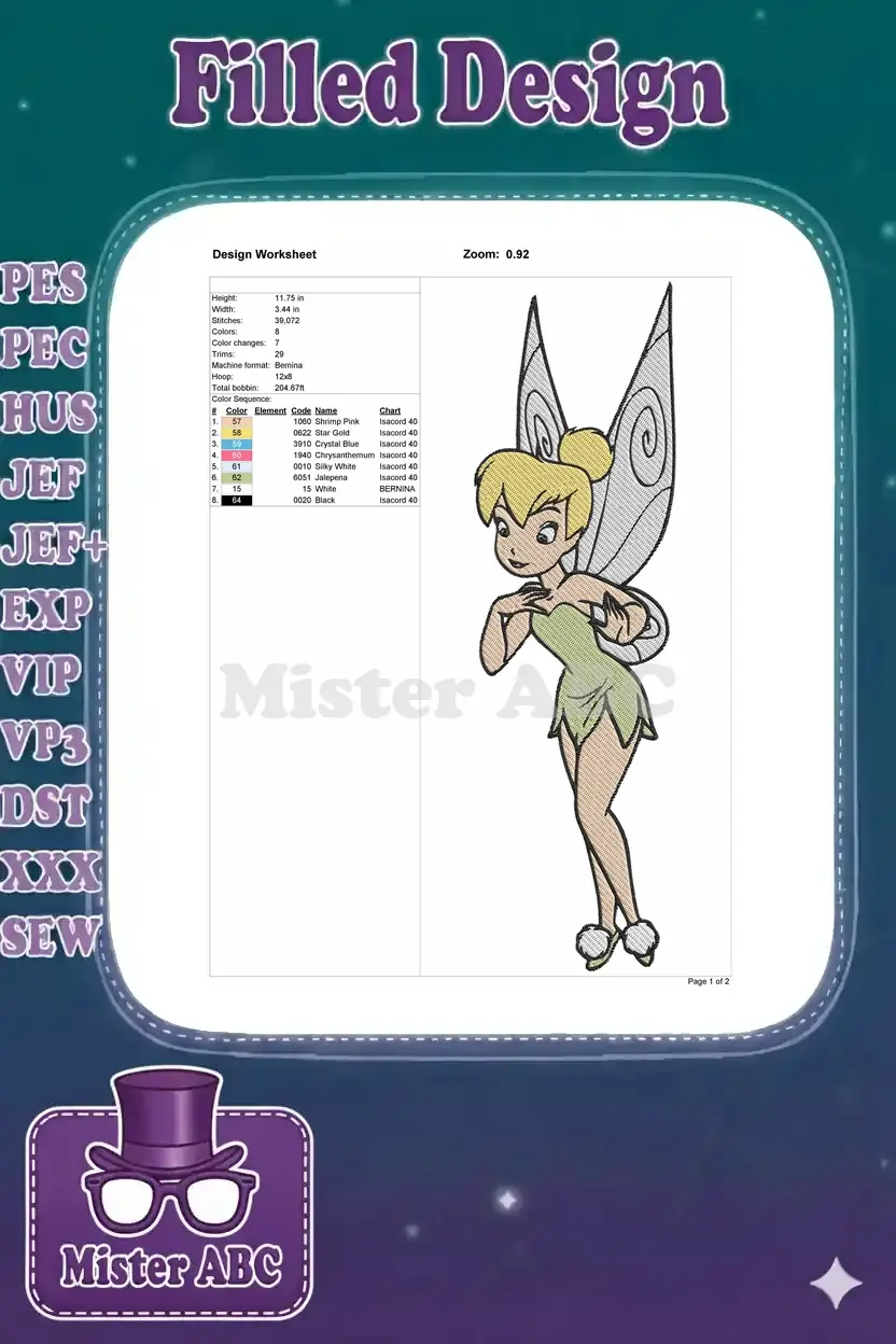 Detailed embroidery design worksheet for Tinker Bell, showing dimensions, stitch count, colors, and machine info.
