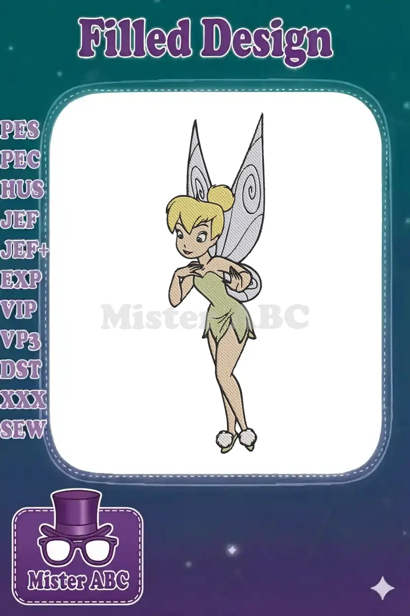 Full-body embroidery design of Tinker Bell, the iconic fairy, with blonde bun, green dress, and delicate wings.