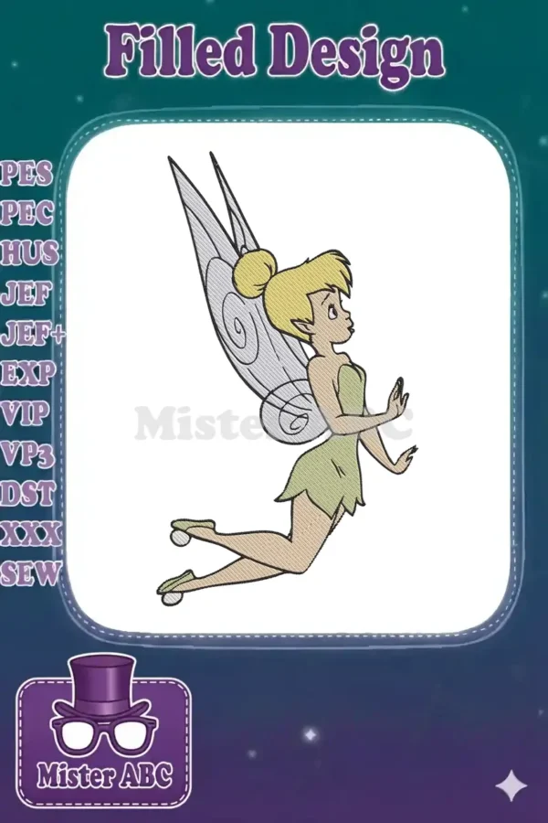 A vibrant machine embroidery design featuring Tinkerbell Mid-Flight, showcasing her iconic green dress and delicate wings.