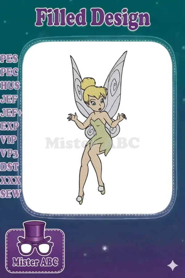 Captivating Tinker Bell embroidery design in her iconic green dress, shown mid-flight with delicate, intricate wings.