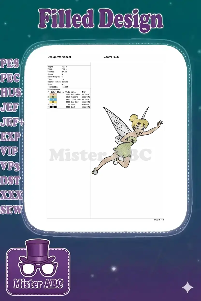 A design worksheet detailing embroidery specifications for the Tinker Bell design, including dimensions and thread colors.