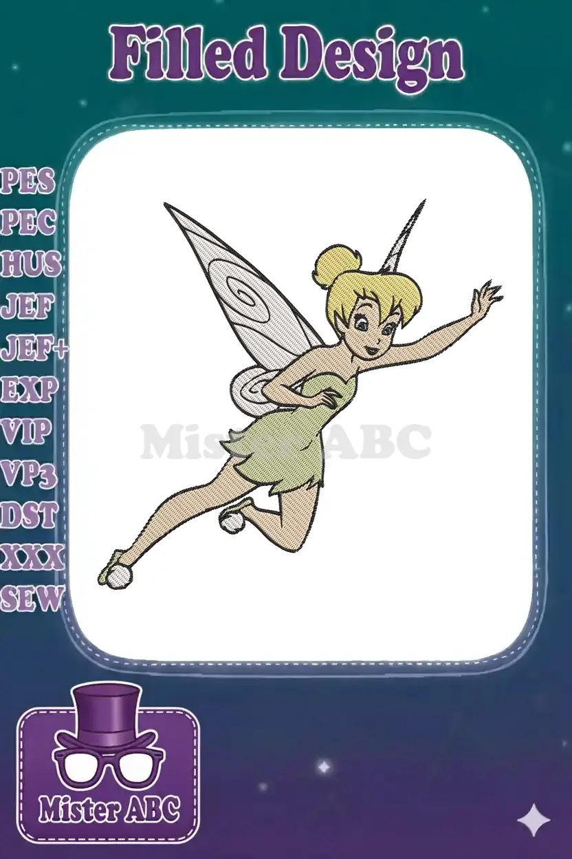 A detailed embroidery design of Tinker Bell mid-flight, featuring her classic green dress and shimmering wings.