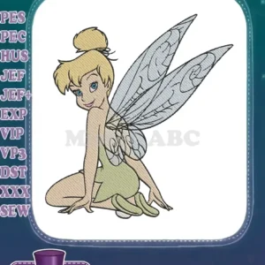 A vibrant embroidery of Tinkerbell, the charming fairy from Peter Pan, sitting gracefully with her wings spread.