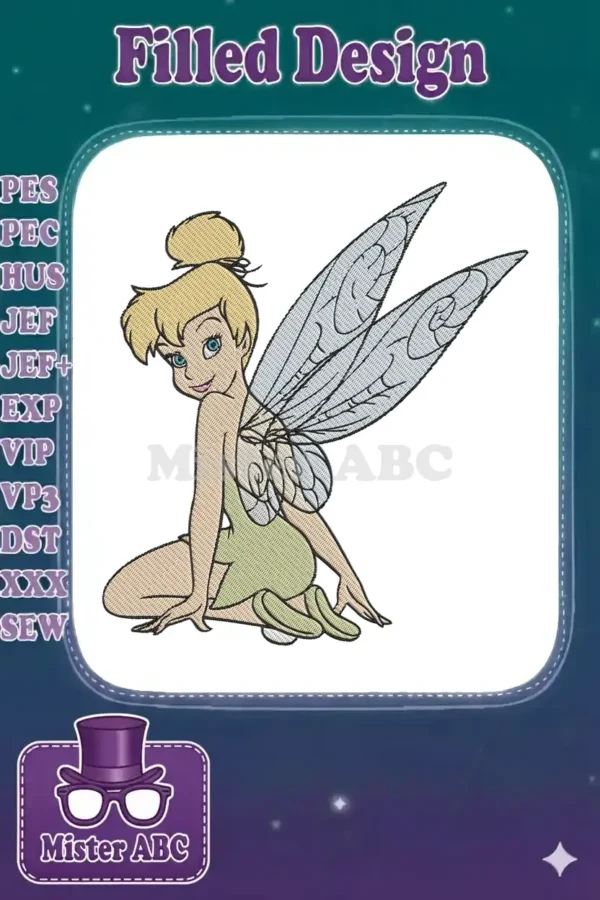 A vibrant embroidery of Tinkerbell, the charming fairy from Peter Pan, sitting gracefully with her wings spread.