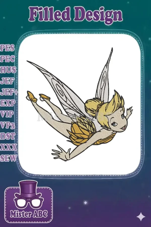 A vibrant embroidery design featuring Tinker Bell in flight, with intricate details and a classic animated style.