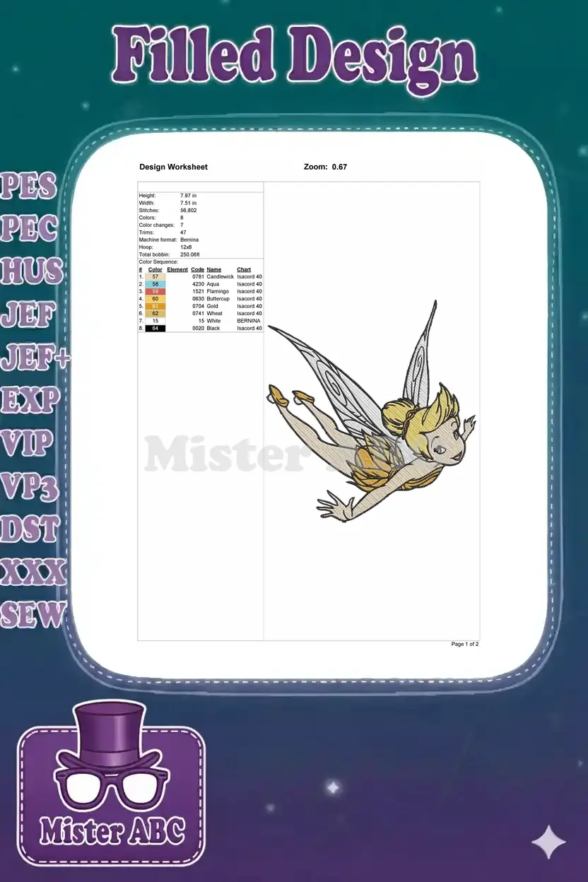 An embroidery design worksheet for Tinker Bell, detailing dimensions, stitch count, color sequence, and machine info.