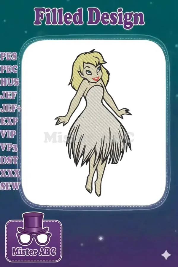 A vibrant embroidery design featuring a blonde, mischievous fairy with blue eyes and a white, leaf-like dress.
