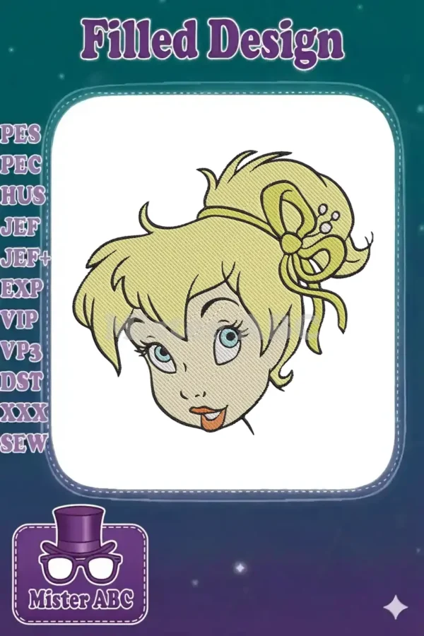 Close-up of an embroidery design featuring Tinkerbell's head, with blonde hair, blue eyes, and a yellow bow.