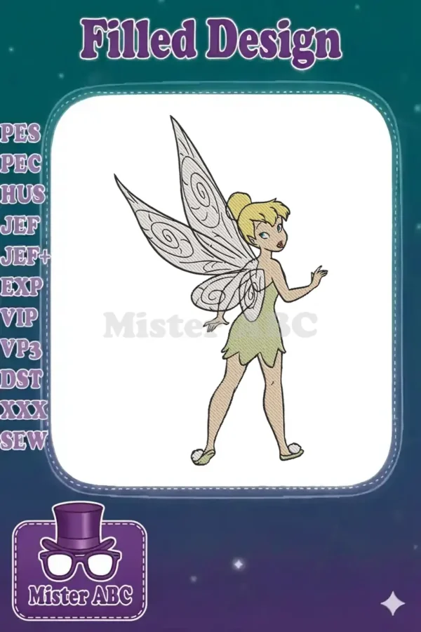 Full-body embroidery design of Tinker Bell, a fairy with blonde hair, green dress, and large delicate wings.