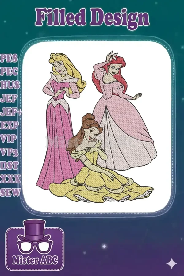 Vibrant embroidery design featuring Disney Princesses Aurora, Ariel, and Belle in their iconic gowns, ready to stitch.